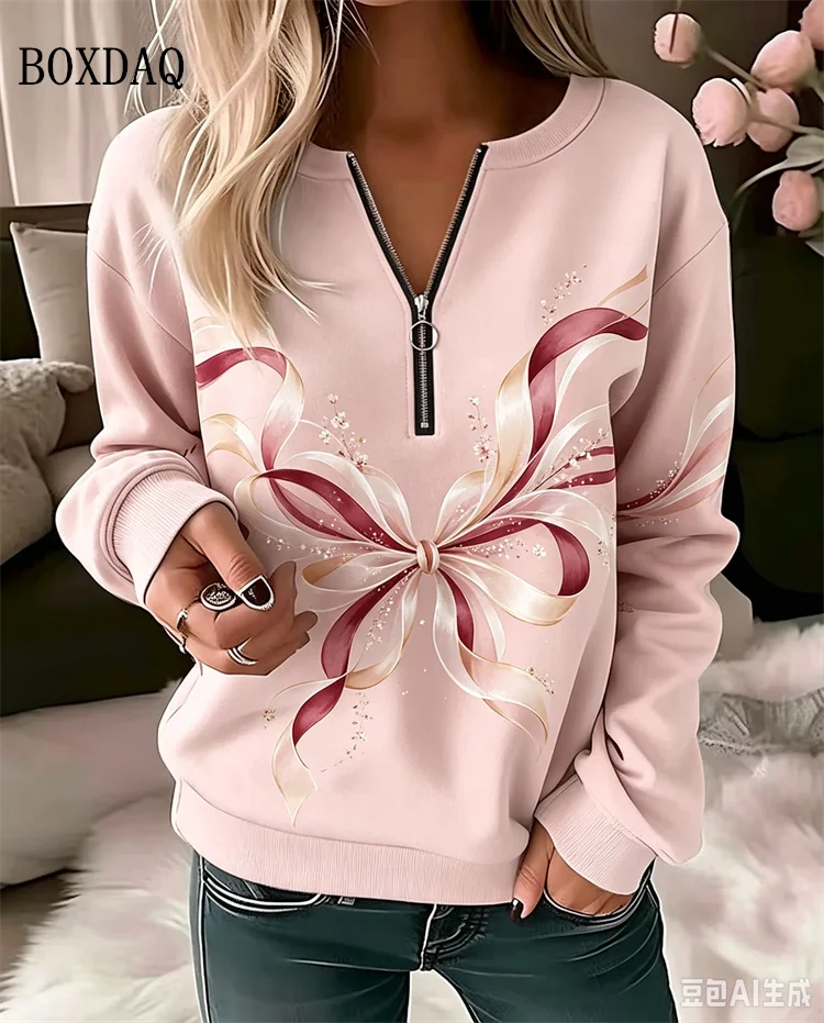 Autumn Winter Striped Abstract Print Sweatshirt Women Casual Long Sleeve V-Neck Zipper Blouse Women Fashion Pullover Loose Shirt