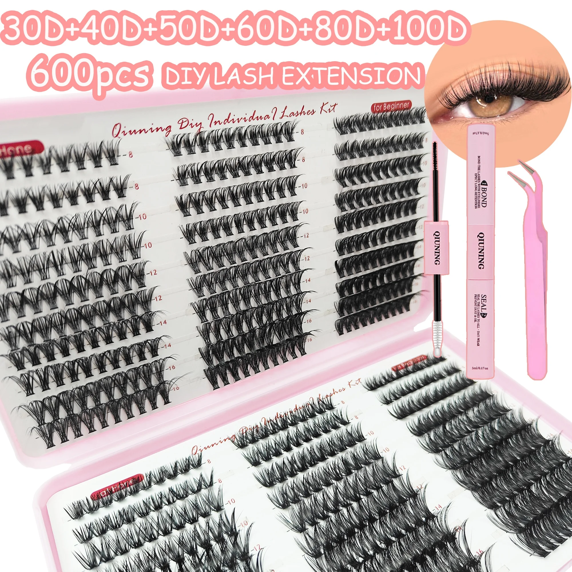 

QIUNING DIY Lash Clusters Kit Mixed Tray Eyelash Extension Full Set Individual Lashes with Lash Bond&Seal and Tweezers Tool