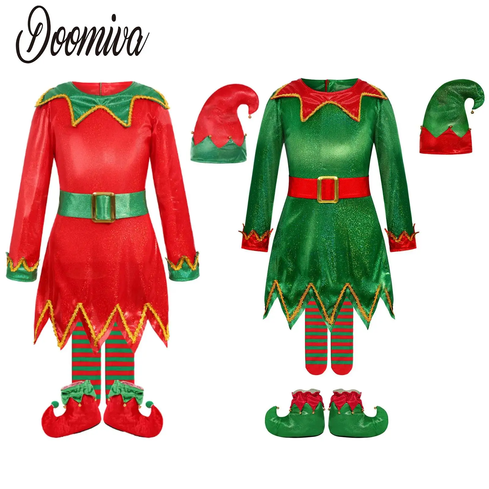 

Girls Christmas Costume Elf Fancy Dress Up Outfit Long Sleeve Zipper Jagged Hem Dress Xmas Hat Stripe Socking And Shoes Set