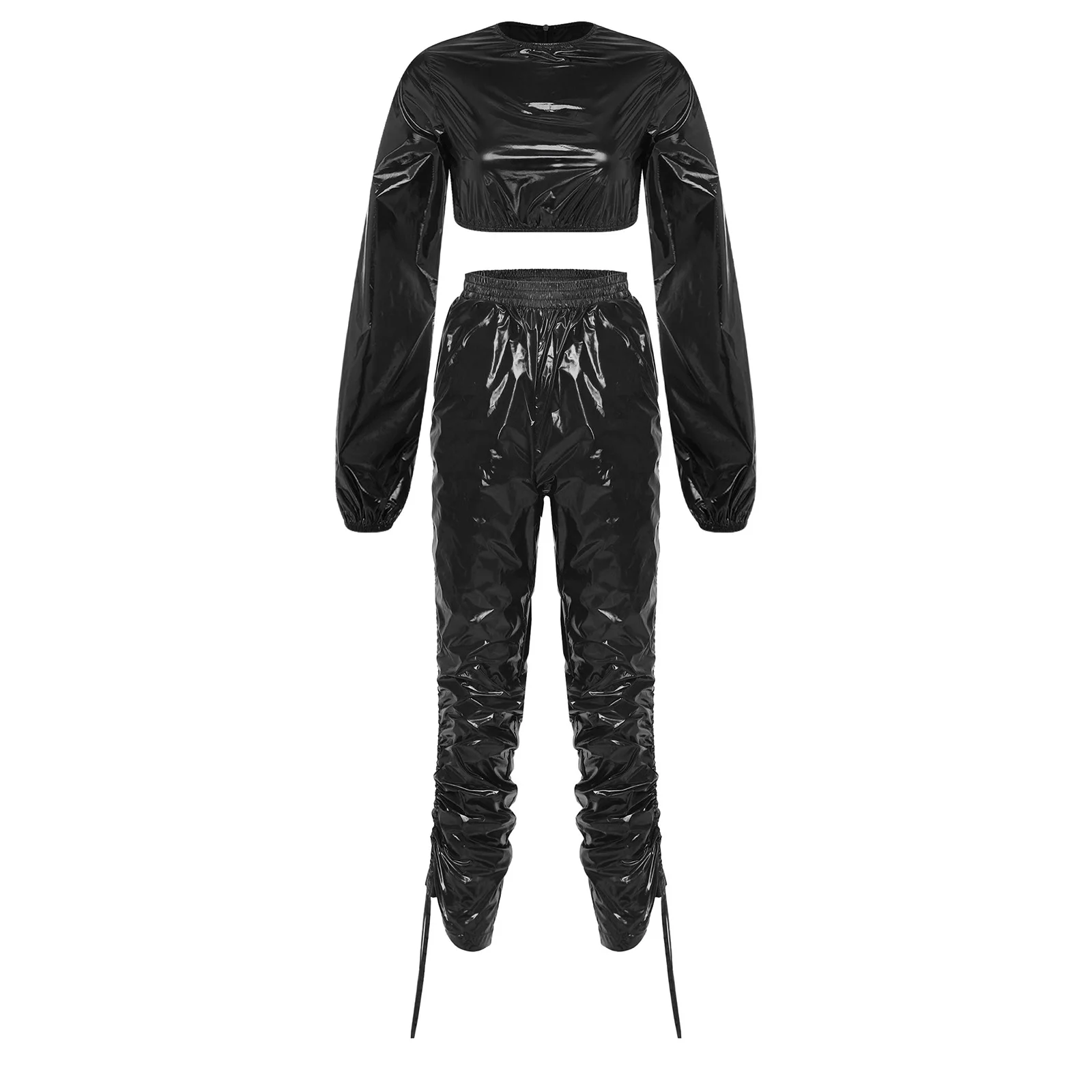 Women Glossy Waterproof Outfit Crop Top with Drawstrings Capri Pants Beach Pool Swim Workout Camping Club Dancing Party Costume view 3