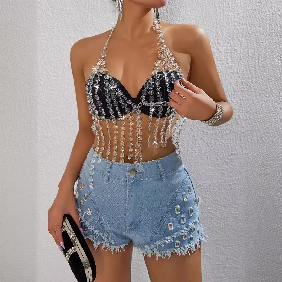 Women Transparent Gemstone SplicingTassel V-Neck Camis Crop Top Vest Sexy Bandage Backless Fringe Tank Top Dance Top Clubwear