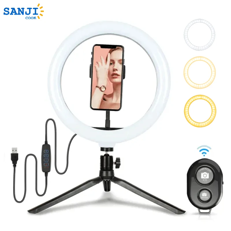 SanjiBook Luz de relleno Circular LED con soporte triangular de escritorio ajustable USB y Control remoto para sala de transmisión en vivo