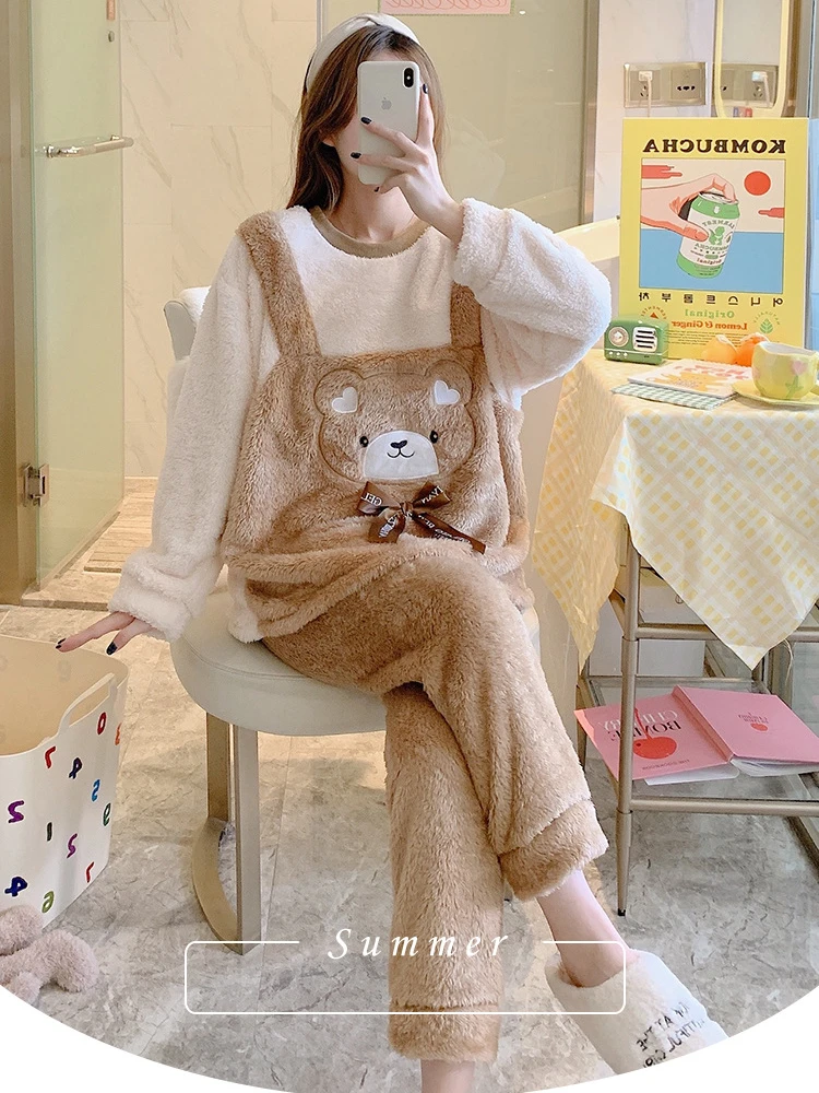 5XL Plus Size Women Winter Pajamas Set Fleece Cartoon Pullover and Long Pants Soft Thick Warm Sleepwear Loose Home Suit Outwear