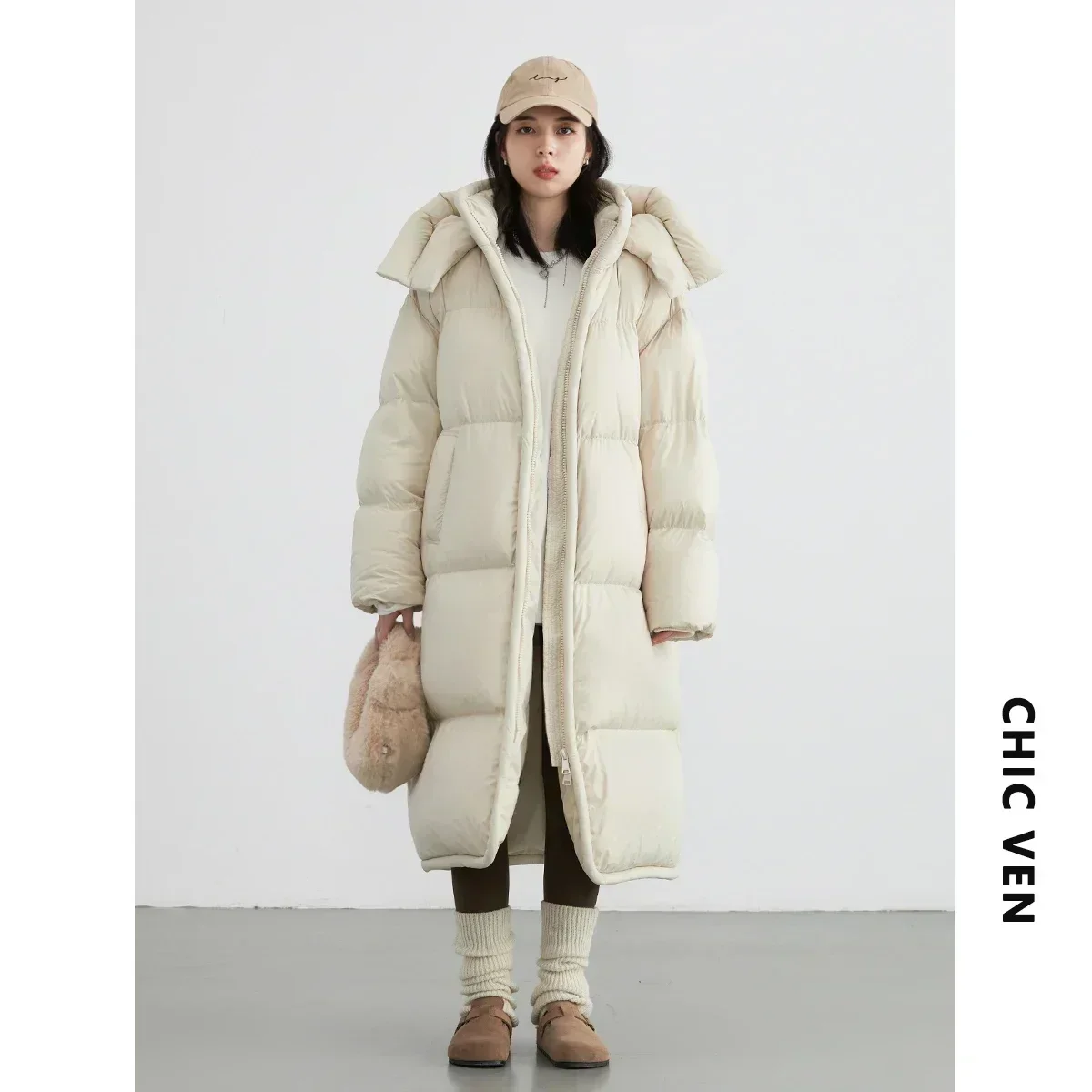 CHIC VEN Women Long Down Coats Hooked Loose New Solid Woman Down Jacket Thick Soft Warm Female Overcoat Autumn Winter 2023