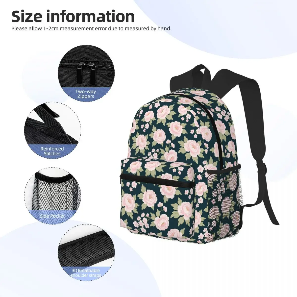 نمط سلس مع أزهار الفاوانيا والكرز على ظهره Daypack الأطفال BookBag حقيبة مدرسية حقائب الكتف للرجال والنساء