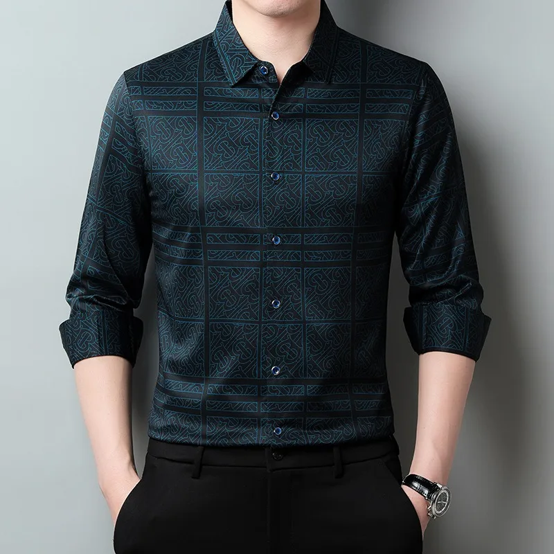 เสื้อเชิ้ตแขนยาวทรงหลวมสำหรับผู้ชาย สไตล์ลำลองธุรกิจ ลายเรขาคณิต ติดกระดุม สำหรับฤดูใบไม้ผลิและฤดูใบไม้ร่วง