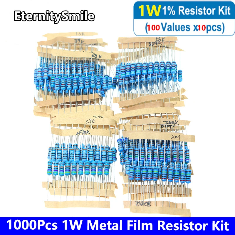 

1000Pcs 100Values Each 10Pcs Metal Film Resistor 1% 1W Assorted Kit (1 ohm~ 1M ohm Capacitor Range ) Hot Sale