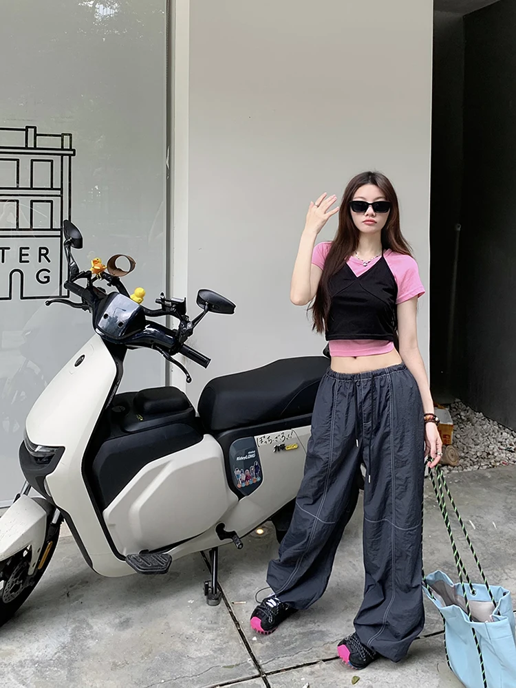 Summer All-Match Drawstring Lace-up Women Cargo Trousers Casual Cool Girl High Waist Solid Color Simple Sports Full Length Pants