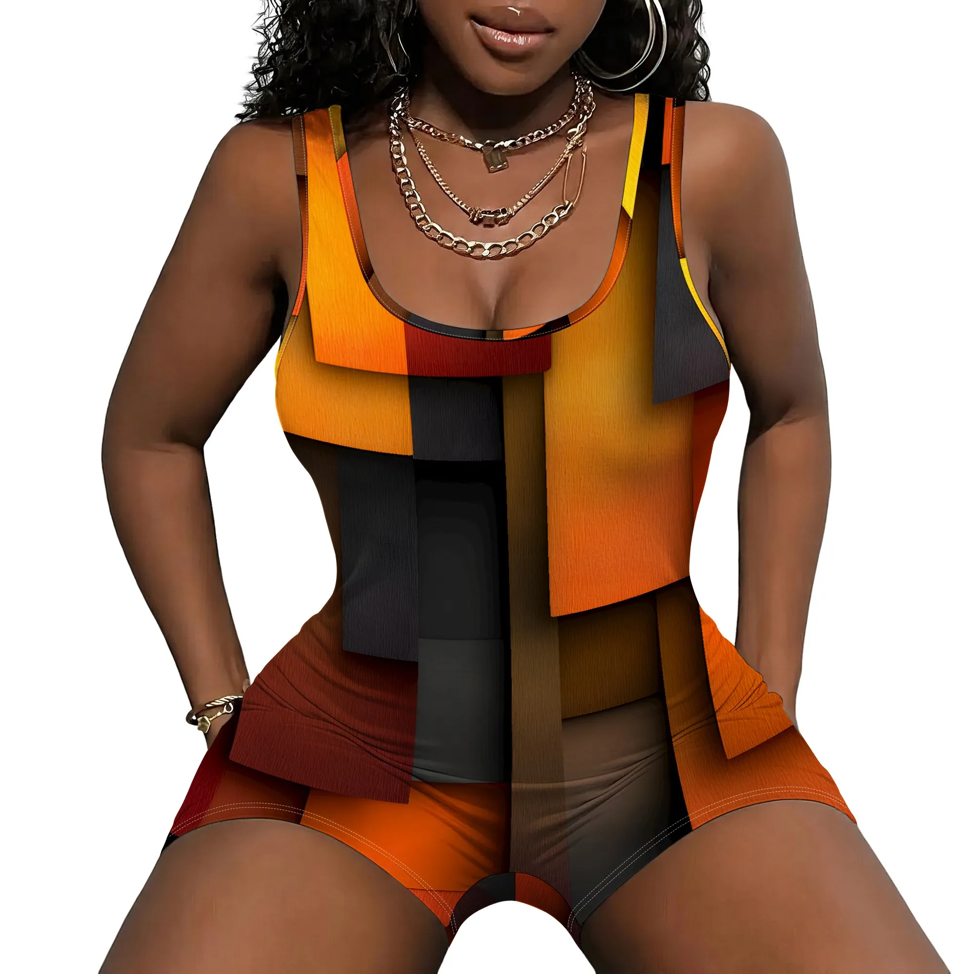 Abstract Geometric Print Sleeveless Romper, Orange Block Pattern Playsuit, Summer Casual Jumpsuit for Women, S-2XL