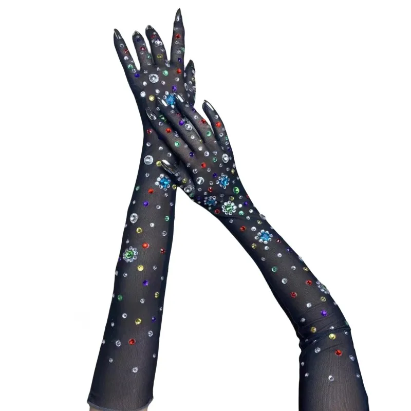 Singer Model Party Colorful Rhinestone Long Gloves Nude Black Mesh Stretch Transparent Stage Performance Accessories Bar Costume