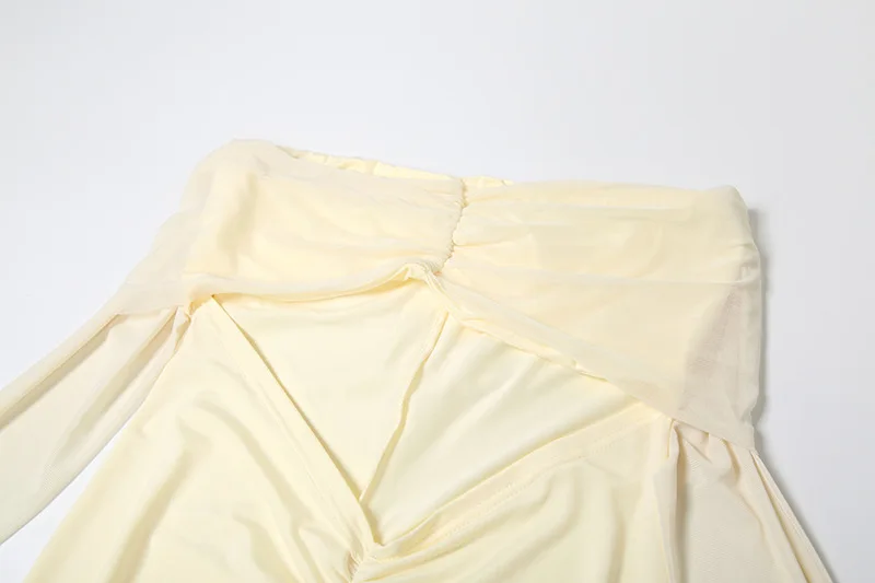 Robe longue de soirée élégante et Sexy, maille transparente, Patchwork, froncée, moulante, col en V, épaules dénudées, manches longues, creuse, vacances