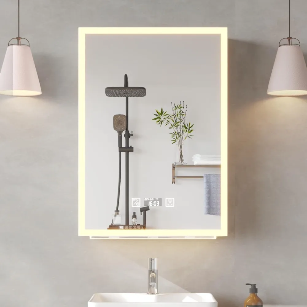 

Bathroom Medicine Cabinet with Mirror, Bathroom Wall Cabinet with LED Light, Mirror Cabinet with Socket & USB