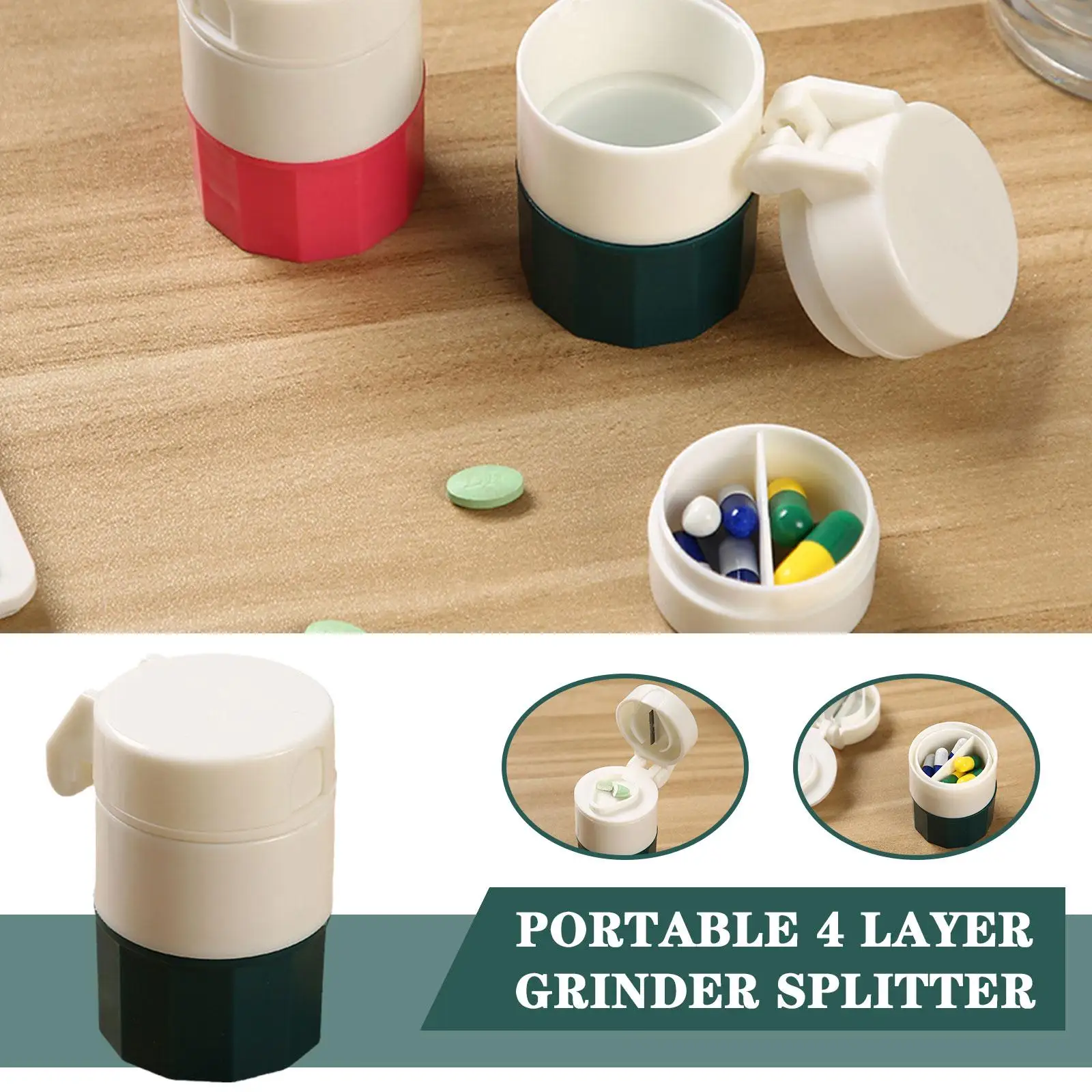 New Medicine Splitter Box Storage Pill Crusher Multifunction Portable 4 Layer Powder Tablet Grinder Powder Pill Cutter