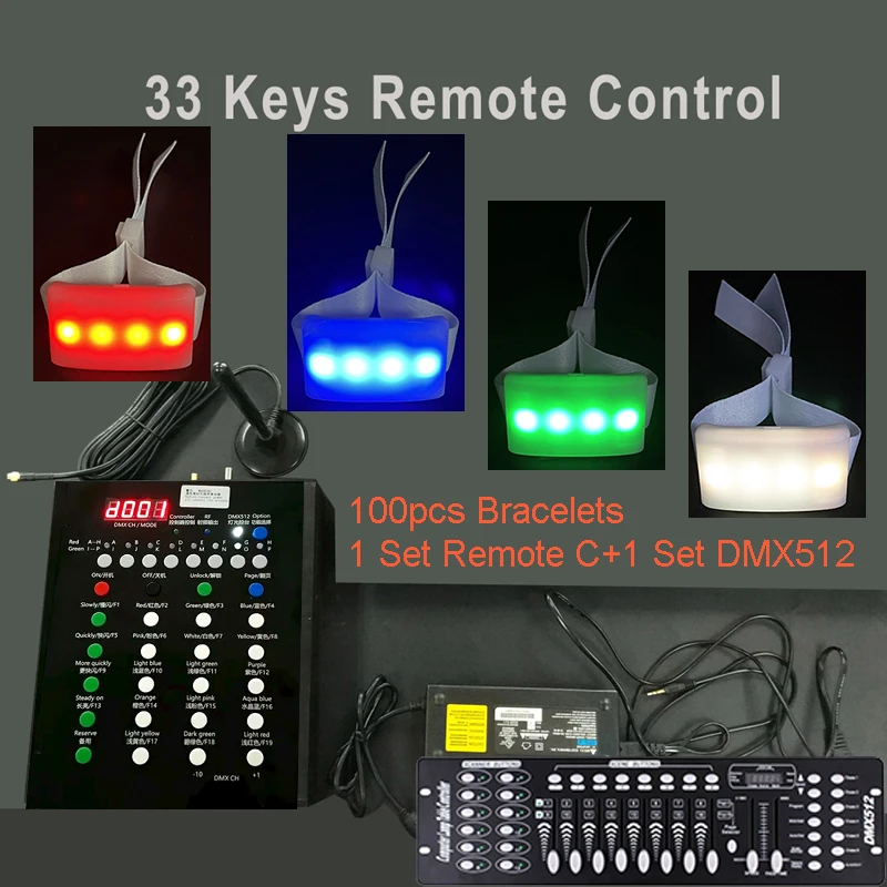 Bracelets,15 Color Flash Light,LED Polyester Wristbands,with 24 or 33 Key Remote Control,Radius 200-500 Meters,For Bar,250pcs