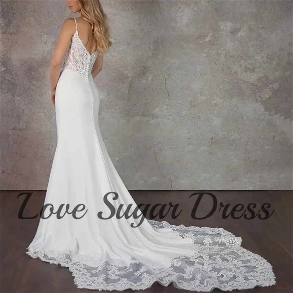 

Boho Mermaid Wedding Dresses Spaghetti Strap V Neck Bridal Gowns Long Train Back Button Bride Dress robe de mariée