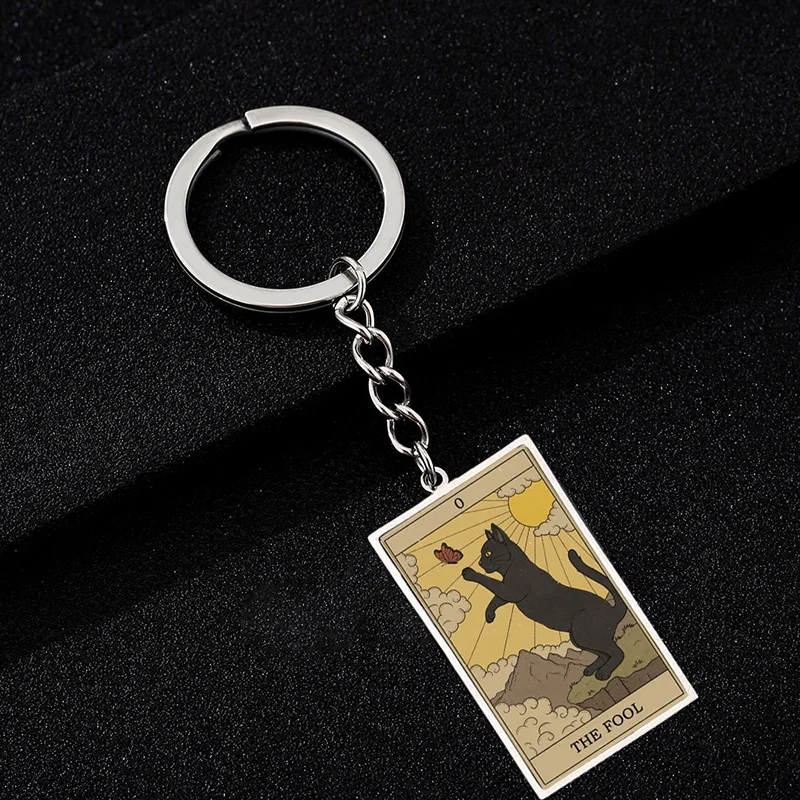 Cute Cat Tarot Card Pendant Keychains Vintage Rectangle Epoxy Stainless Steel Key Chain Keyring Animal Divination Jewelry