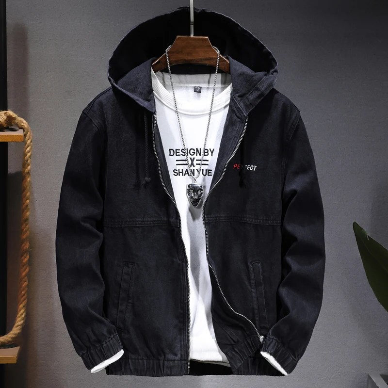 

men's black denim jacket Embroidered hooded zipper casual denim jacket men Men's light blue stylish loose jacket denim