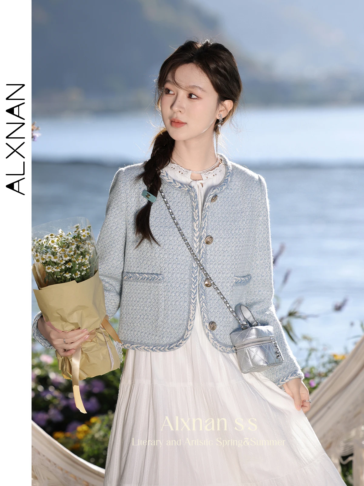 ALXNAN Women's Light Blue Tweed Jacket O-neck Irregular Contrast Color Braided Strap 2024 Autumn Winter Female Overcoat L333103