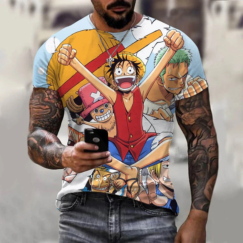 MINISO One Piece Summer Men's T Shirt Cartoon Anime Prints Casual Short Sleeve Tee Street Fashion T-Shirts Man Oversized Clothes