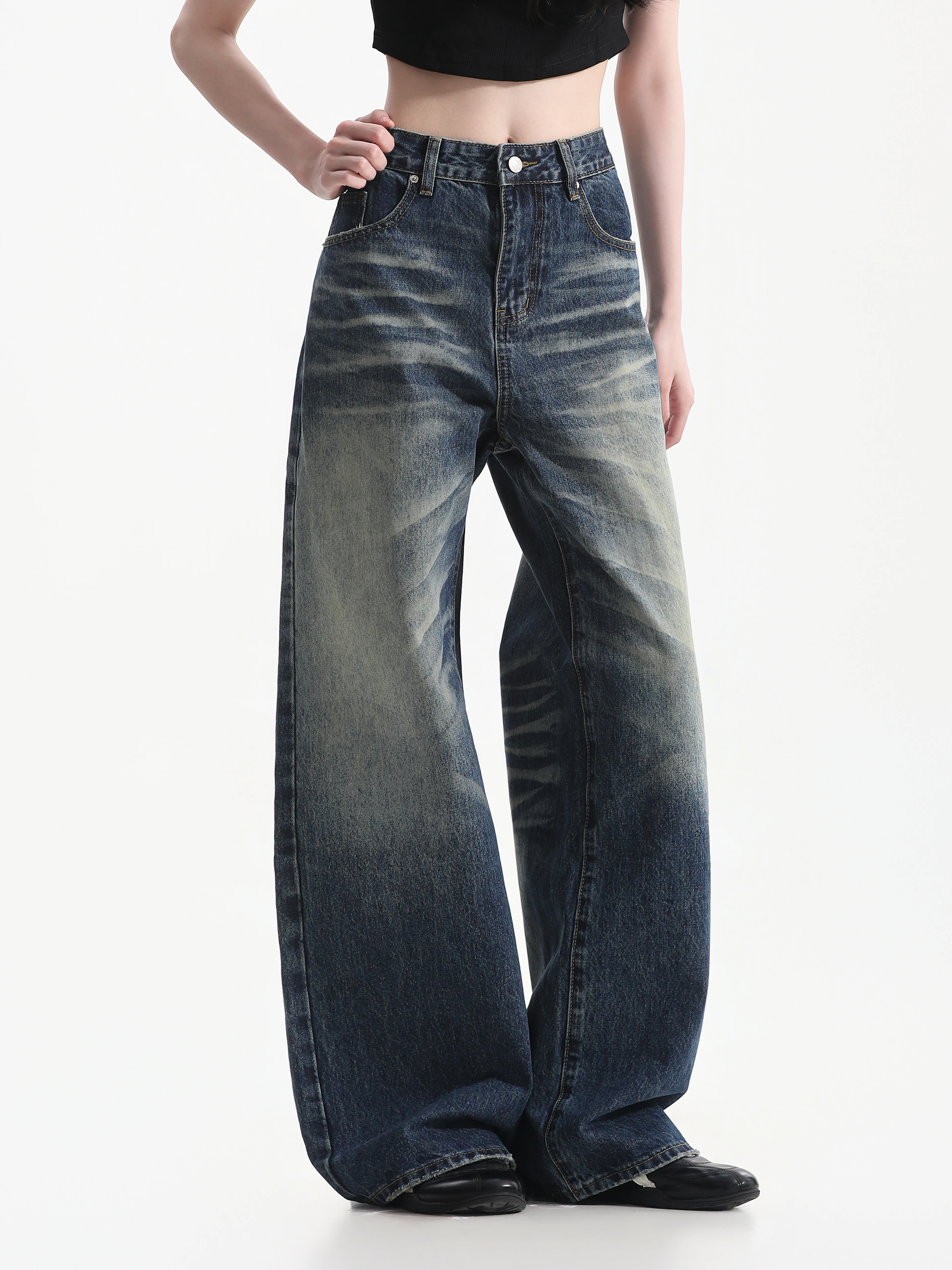 Retro Washed Denim Wide Leg Pants Draped Loose Fit Floor-Length Trousers Unisex Style Casual Comfortable Cotton Jeans