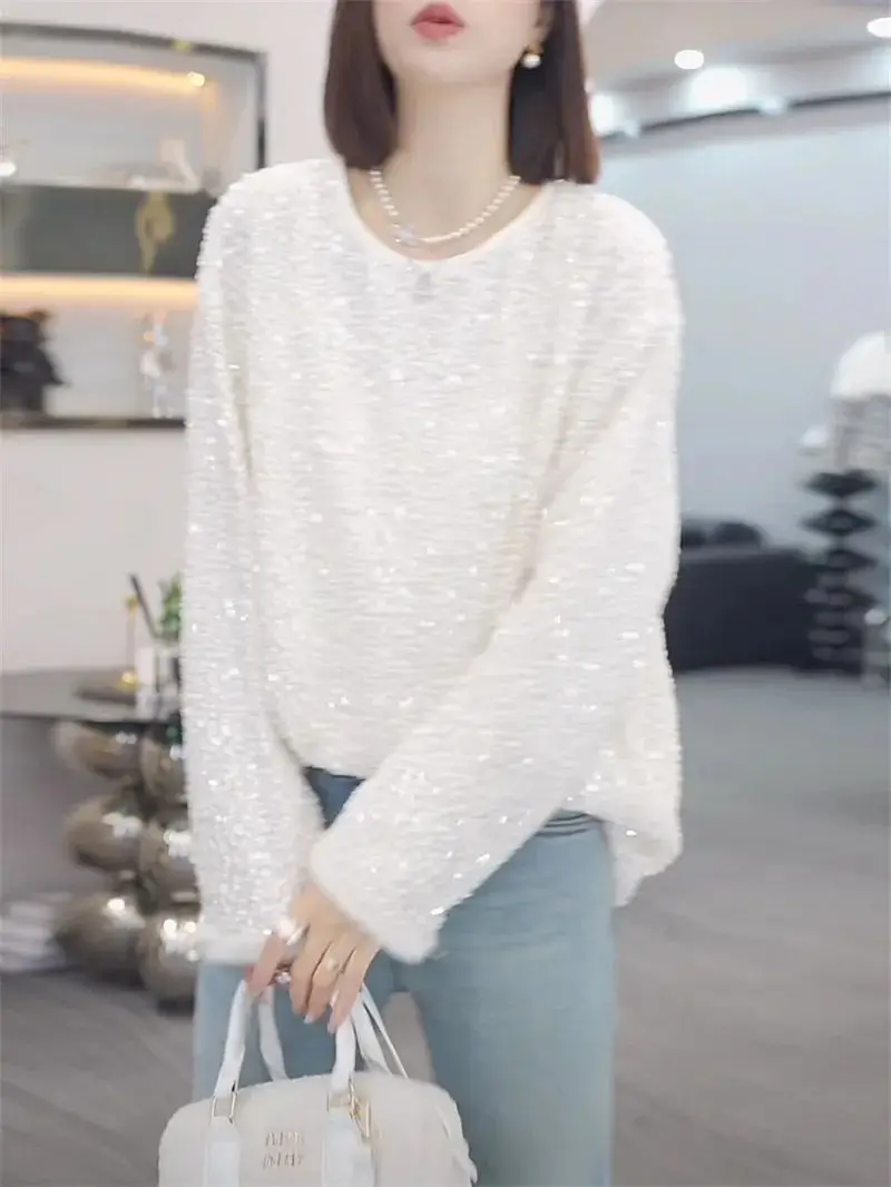 Fashion Sequined Round Neck Solid Color Long Sleeved T-shirt Autumn for Women Winter of Versatile and Slimming Simple Base Shirt