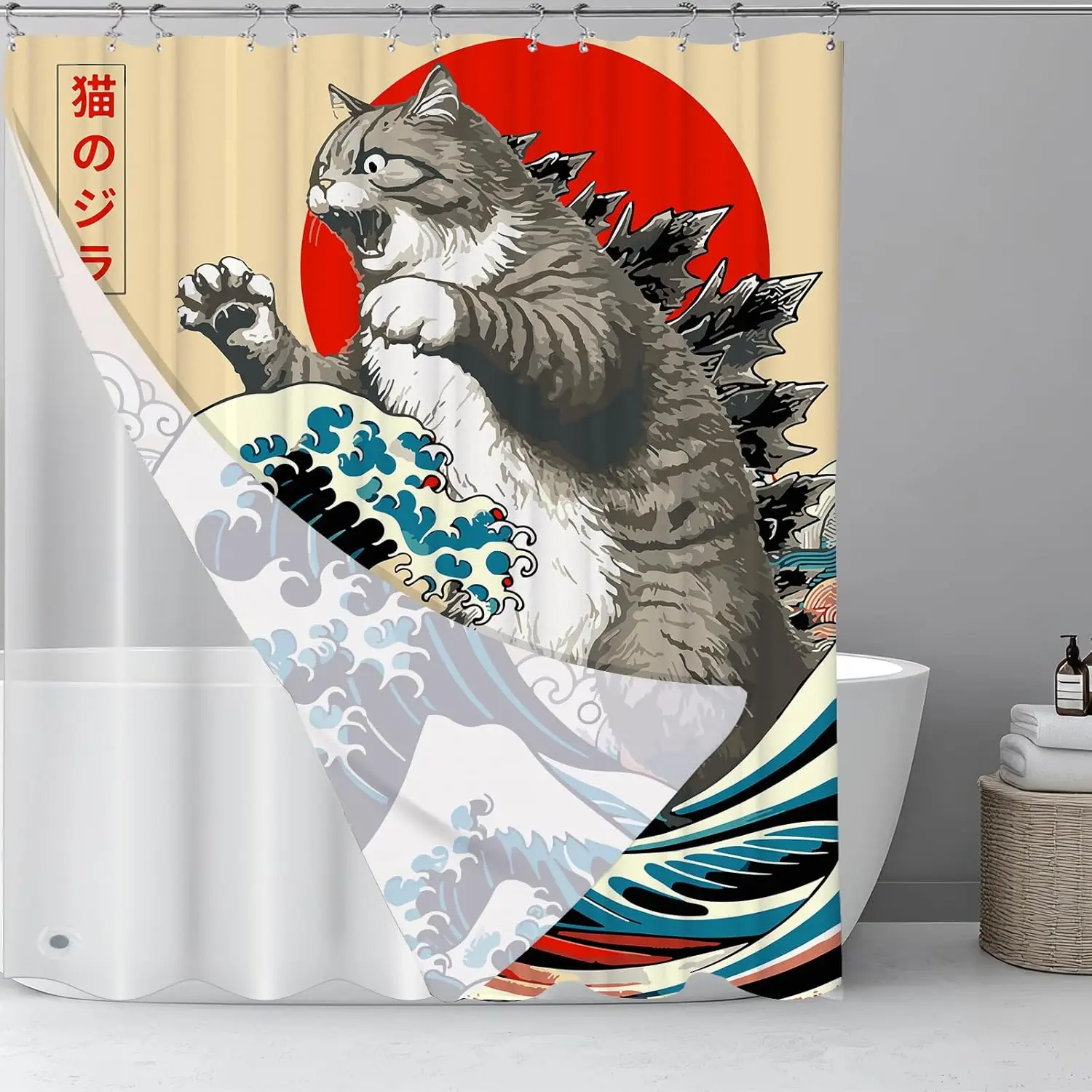 Catzilla Roaring on Giant Wave Shower Curtain with Red Sun and Japanese Text Ukiyo e Style for Bathroom