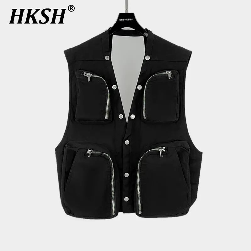 HKSH Spring Autumn Summer New Men\'s Dark RO Style Showroom Function Pocket Motorcycle Zipper Button Outer Strap Vest Coat HK2955