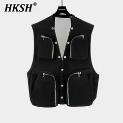 HKSH Spring Autumn Summer New Men's Dark RO Style Showroom Function Pocket Motorcycle Zipper Button Outer Strap Vest Coat HK2955