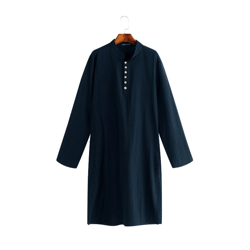 Men Muslim Robes Casual Cotton Long Sleeve Stand Solid Color Tops Arabic Islamic Clothes Pakistani Shirt Plus Size 5XL Kaftan