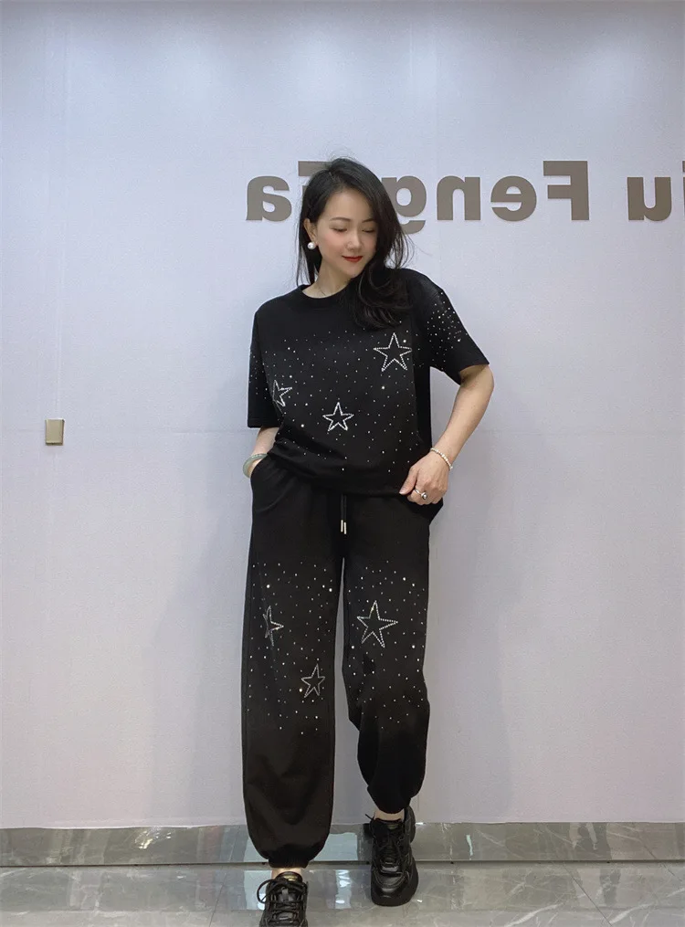 Women Knitted Set Short Sleeve Top Hot Drilling Elastic Waist Pants Casual Two-Piece Set Tie Dye Star Cotton Women Casual Set