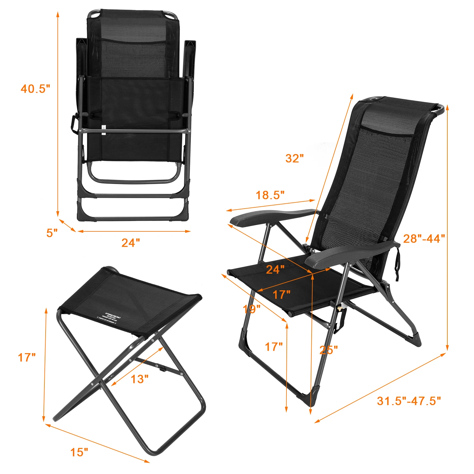 4PCS Patio Folding Dining Chair Ottoman Set Adjustable Back Camp Black