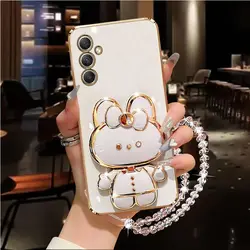 A 34 Diamond Strap Mirror Rabbit Phone Holder Case For Samsung Galaxy A54 A55 A13 A14 A15 A23 A24 A25 A34 A35 4G 5G Stand Cover