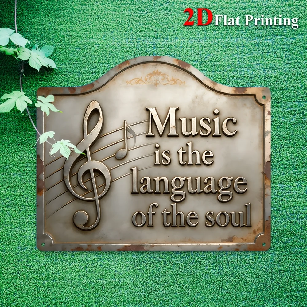 1pc 2D Flat Sign Artwork Made Of Metal, Showcasing 'Music Is The Language Of The Soul' Along With Musical Notes, Music Studios,