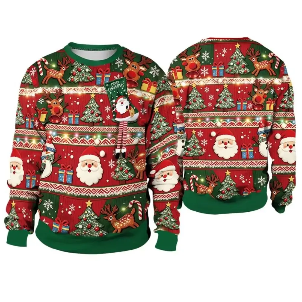 3D Digital Print Christmas Sweatshirt Long Sleeve Red Christmas Crewneck Festive Winter Pullover Holiday Sweatshirt Winter