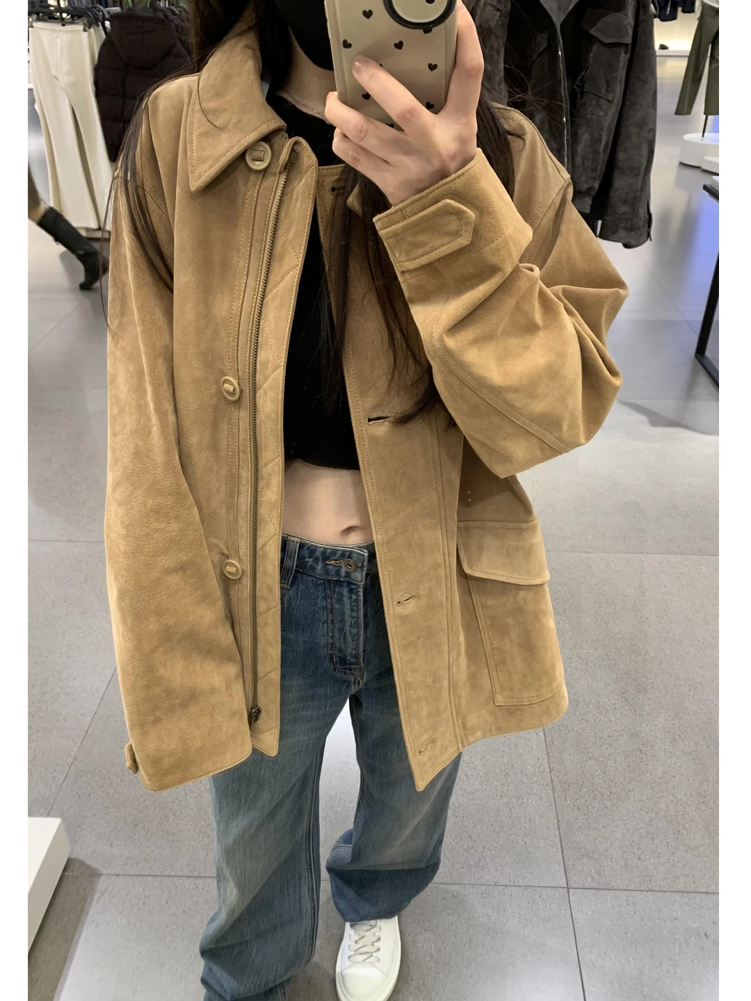 

Khaki Color Loose Fit Suede Casual Jaet Women's Sle Autumn New Arrival Warmth Guaranteed Long Sve Zipper Closure Coat