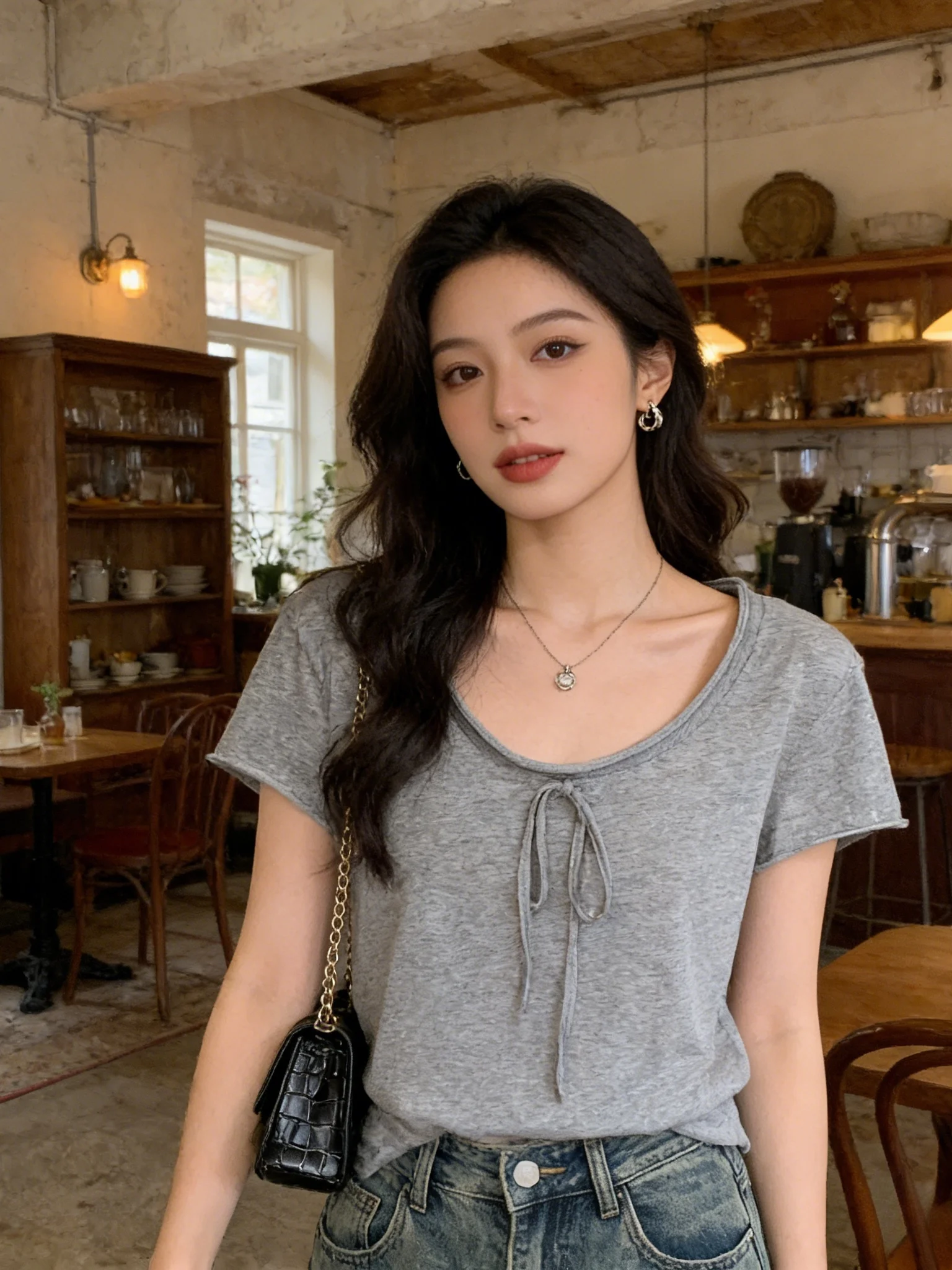 Korean Style Tie-Detail Loose round Neck Short Sleeve T-Shirt Women's Summer Slimming Design Grey Top Fashionable Casual Cott...