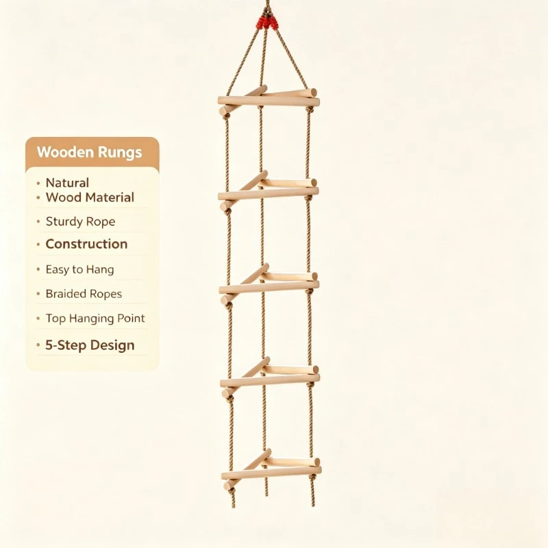 5 Rungs Single Head Wooden Triangle Climbing Rope Ladder Kids Swing Toy Indoor Outdoor Household Sports Playground Activity