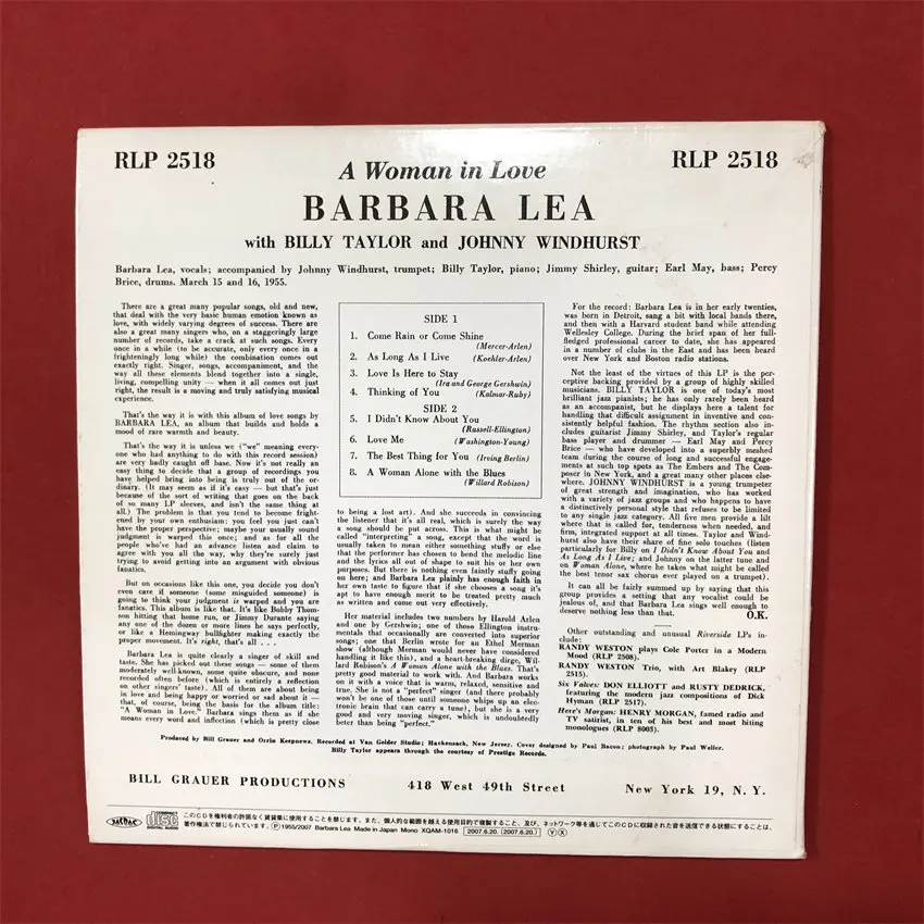 Barbara Lea A Woman in Love R Edition Vinyl LP Jazz Vocal Classic Album Import