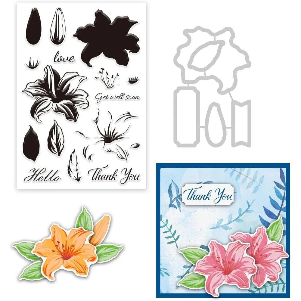 1Set Layered Lily Cut Dies and Clear Stamp Set Flower Embossing Template and Silicone Stamp for Card Scrapbook Card DIY Craft