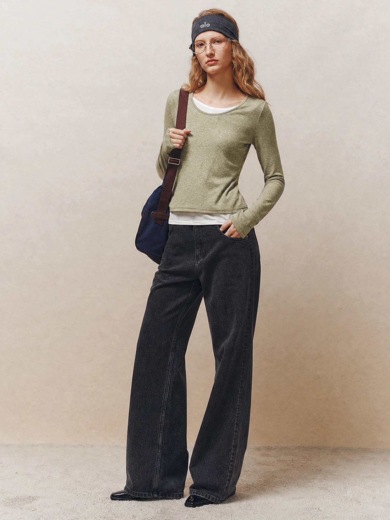 Lacele Wool Long Sleeve T-Shirt Women's Close-Fitting Layering Color Block Casual Style Straight Cut Base Shirt Soft round Neck
