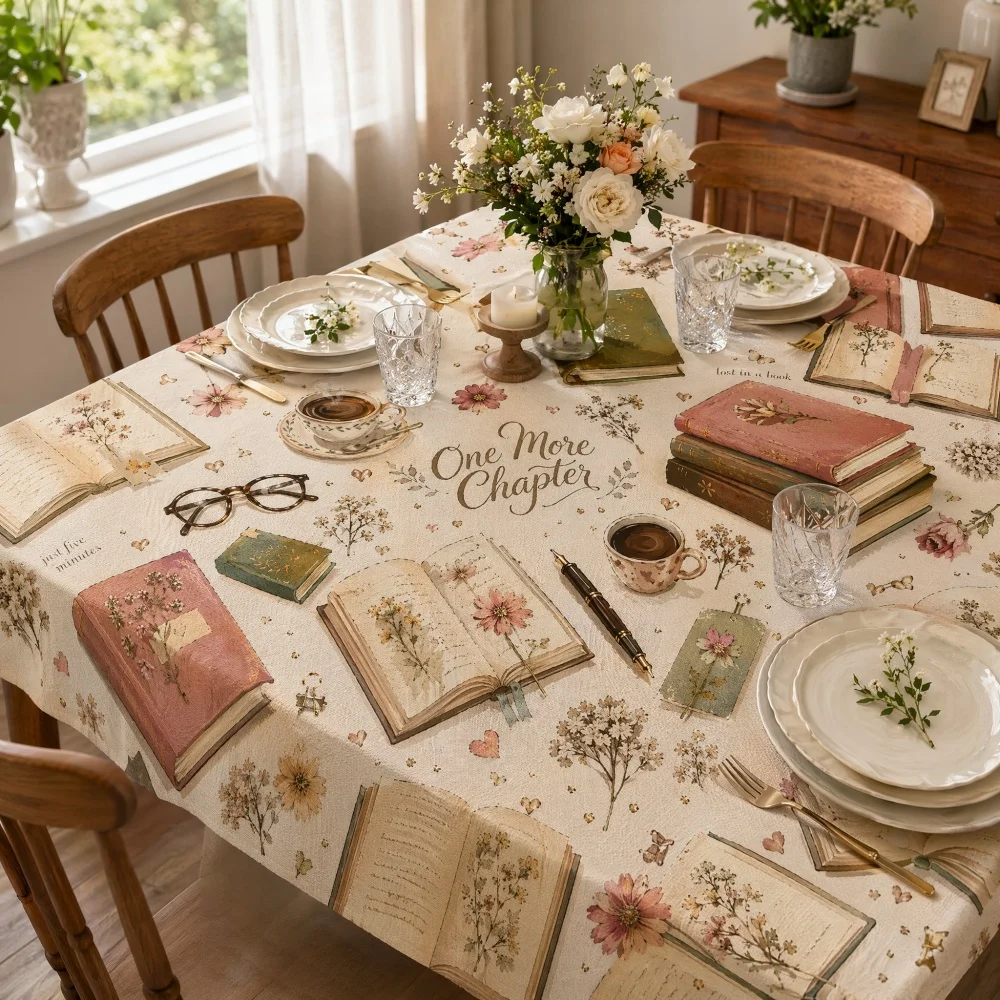 Vintage Book Floral Print Tablecloth Rectangular Cottagecore Dining Kitchen Table Cover Cottagecore Literary Aesthetic Graphic