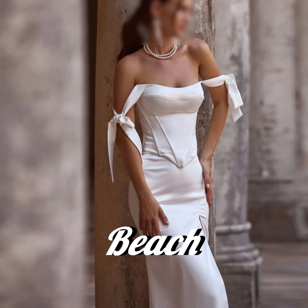 Beach Off the Shoulder Sweetheart Side Silt Sweep Train Floor Length Bow Lace up Back Bespoke Occasion Gowns Bridesmaid Charming