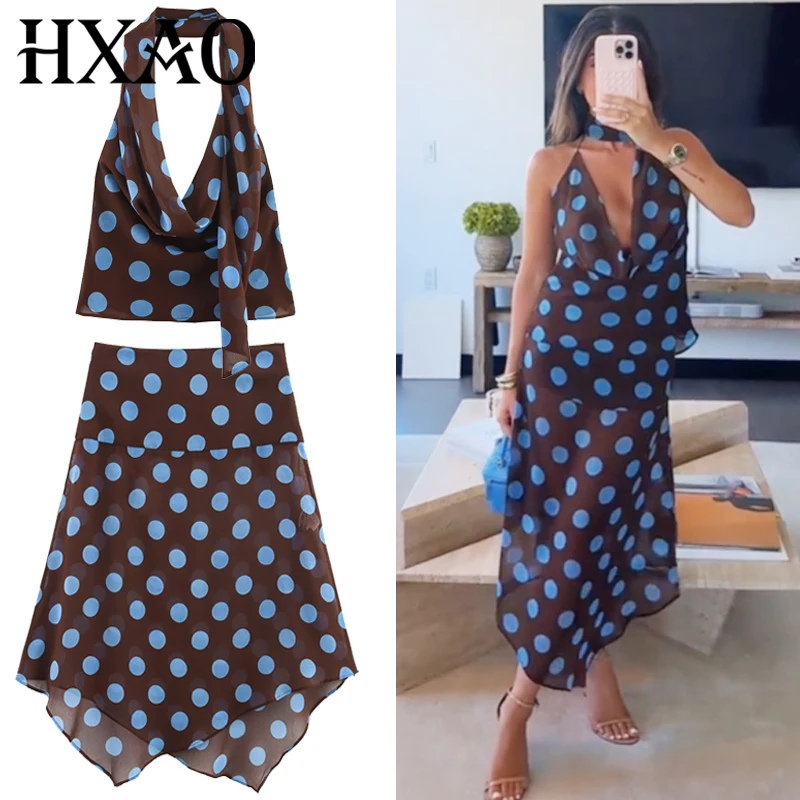 

HXAO Chiffon Polka Dot Skirt Set Women's Two Pieces Set Scarf Halter Top Set Suit Asymmetric Semi-Sheer Mid-Waist Skirt Outfits