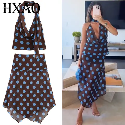 HXAO Şifon Puantiyeli Etek Seti kadın İki Adet Set Eşarp Halter Üst Set Takım Elbise Asimetrik Yarı Şeffaf Orta Bel Etek Kıyafetler