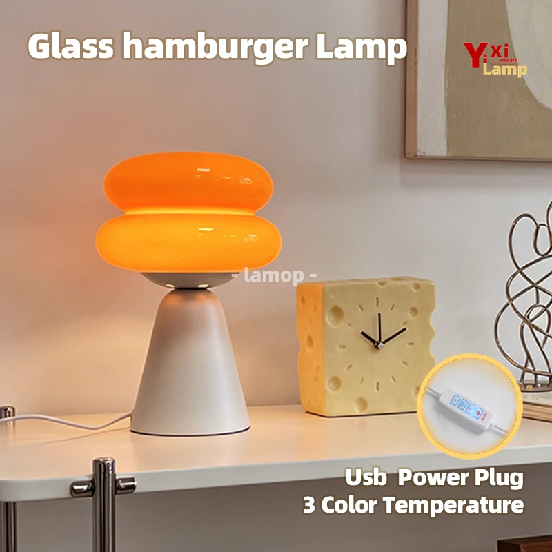 Hamburger Shape Table Lamp, USB Powered 3 Color Temperature Glass Shade Bedside Night Light, Cute Nightstand Lamp for Bedroom Ro