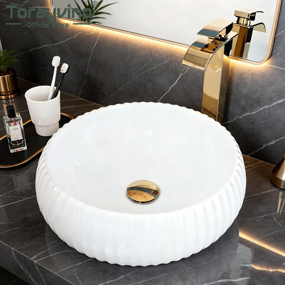 Torayvino White Ceramic Round Bathroom Sink Gold Brass Mixer Faucet Lavatory Bath Combine Vessel Vanity w/ Pop-up Combo Kit