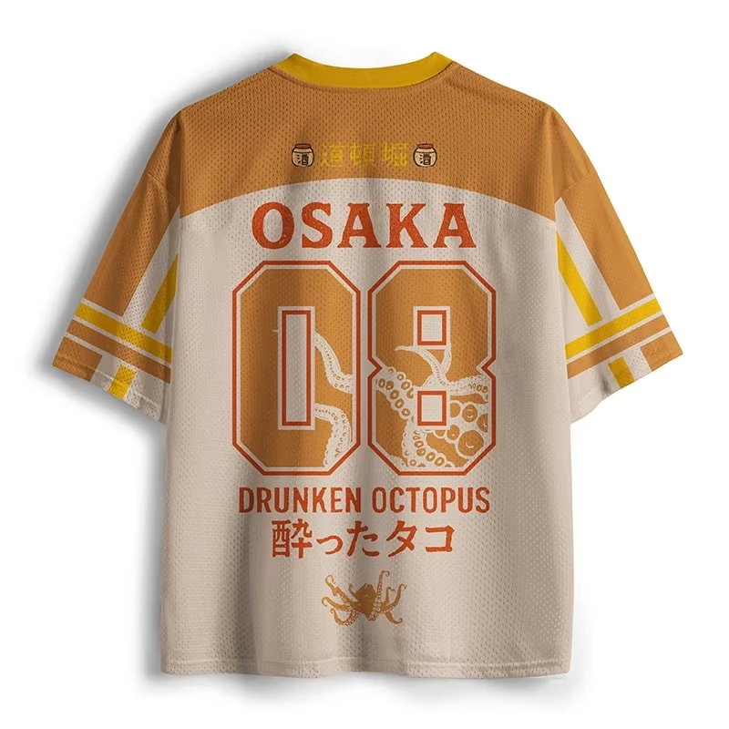 2026 Popular Mesh V-neck Jersey Retro Osaka Dotonbori Drunken Octopus Print Japanese Slogan for Adults and Children