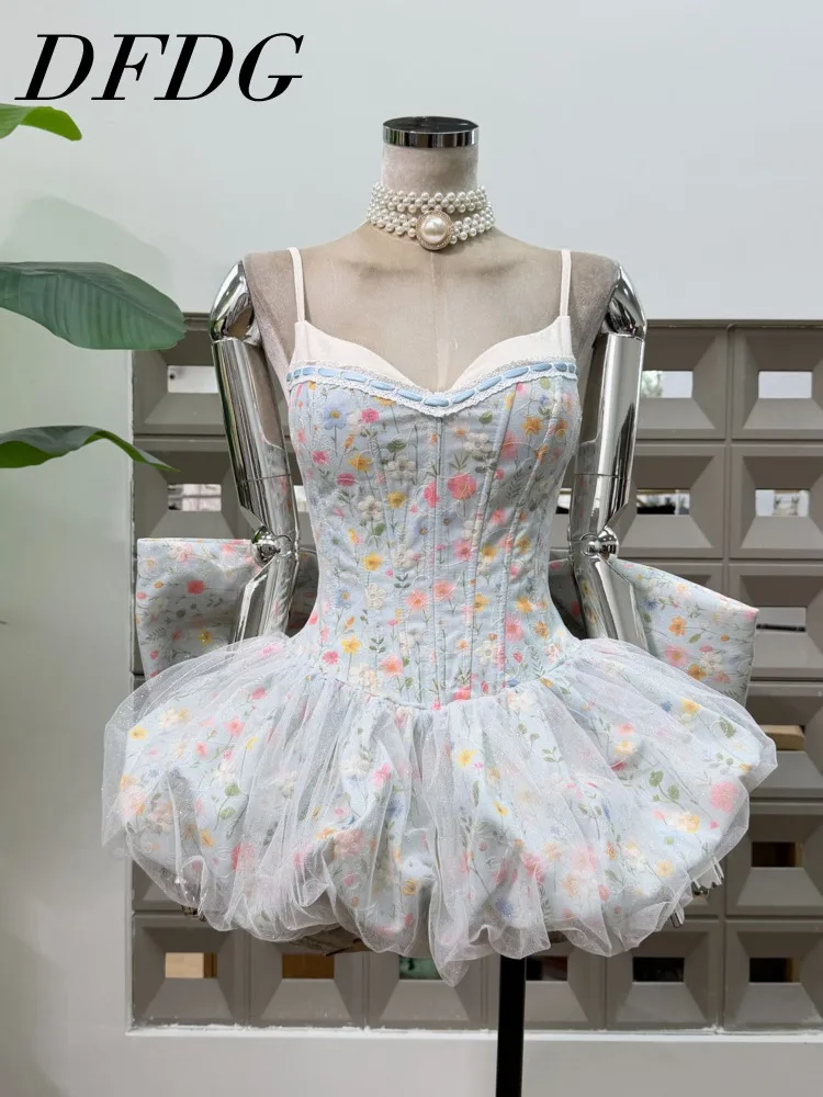 여성용 봄 여름 플로럴 프린트 캐미 드레스 튤 스커트 스윗 캐주얼 파티웨어 2025 트렌디 여성 패션 의상 드레스