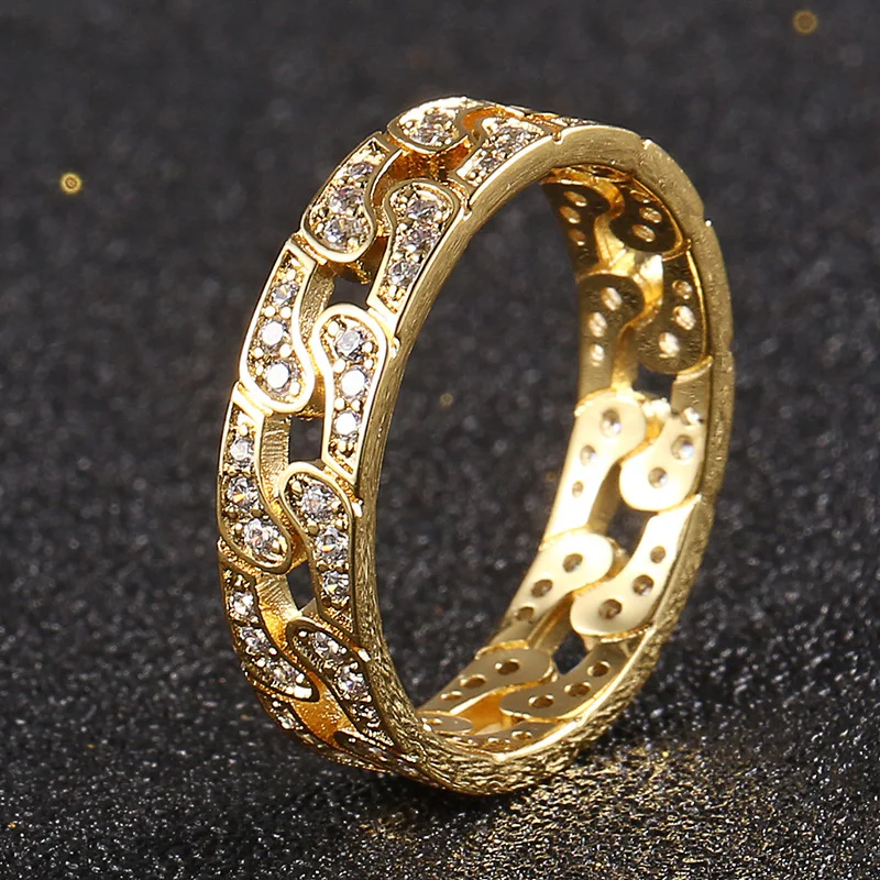 Iced Out Hollow Cuban Link Ring, Unisex Full CZ Diamond Hip Hop Bling Jewelry, Rapper Accessory