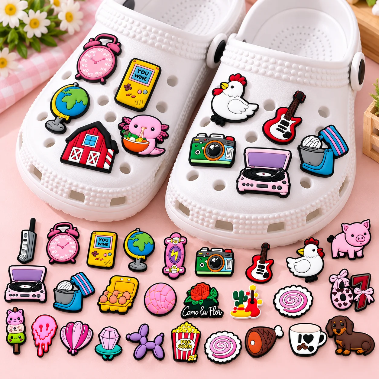 1/25pcs Girls Shoe Charms Cake Popcorn Egg Waffles Shoe Decorations Salamander Pigs Cute Pins for Women Men Kids Clog Buckles